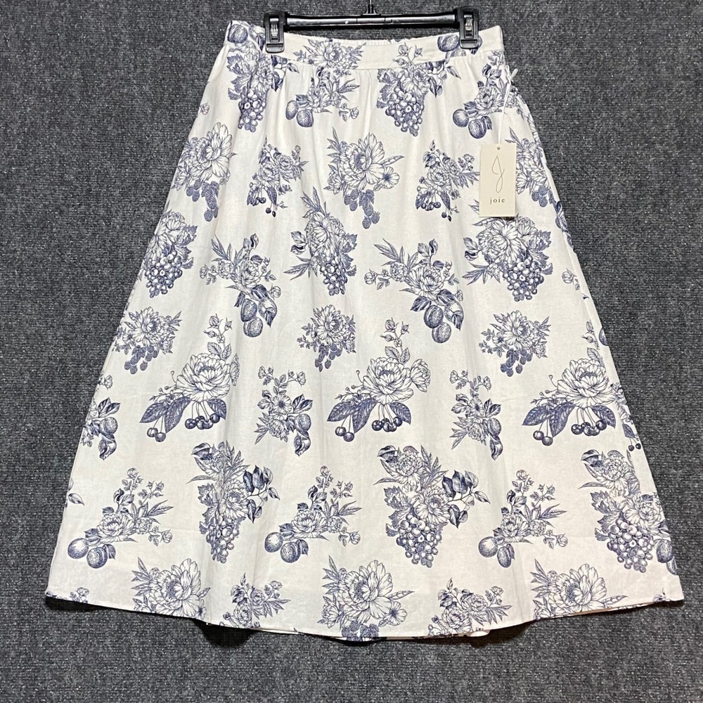 Joie Large A Line Midi Skirt White‎ Blue Floral Elastic Waist Boho Linen Blend